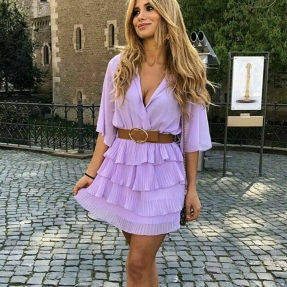 🍀 ZARA PLEATED RUFFLED LILAC DRESS WITH BELT_2
